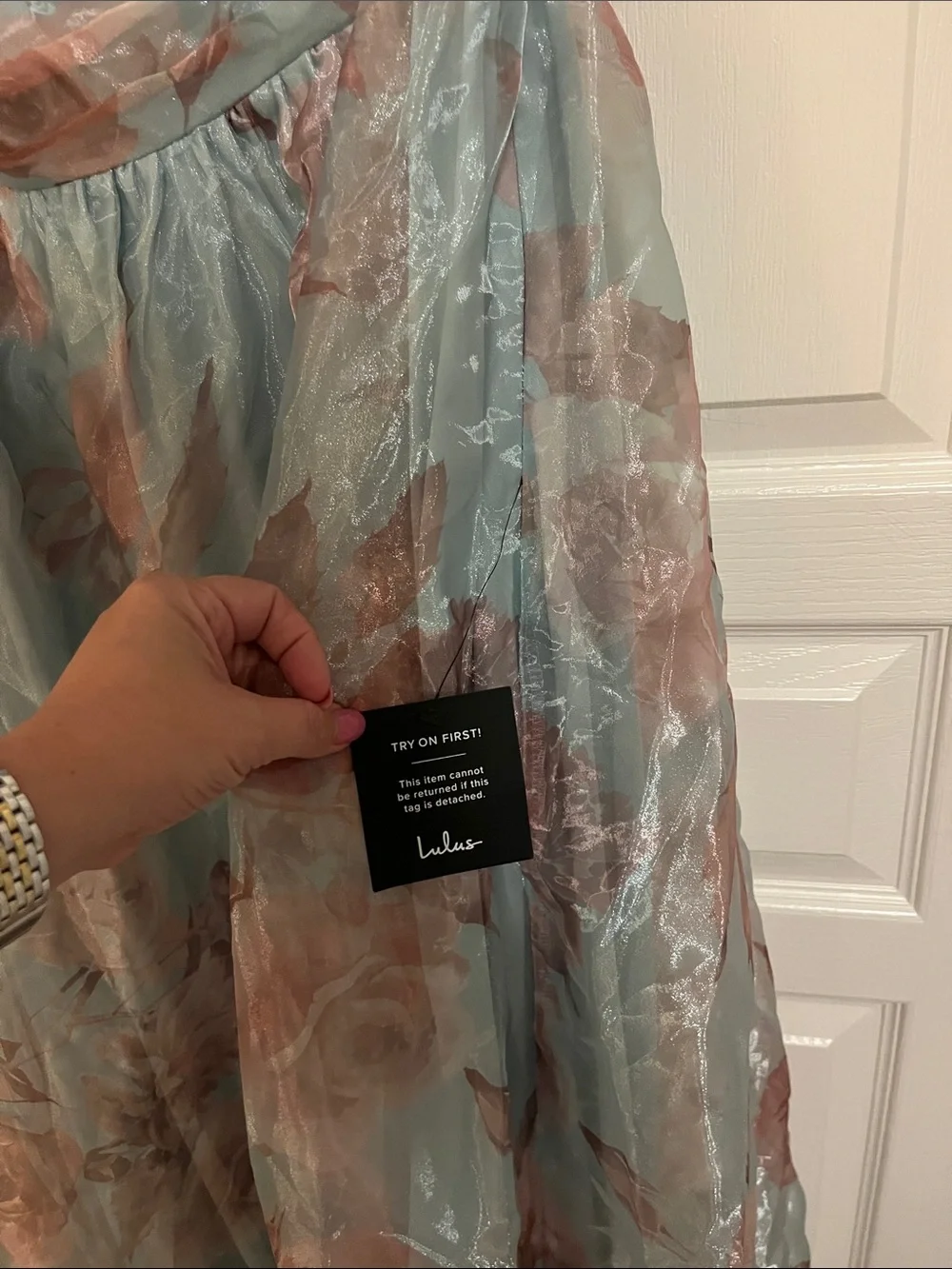 NWT LULUS Floral Organza Tie Shoulder Fairycore Wedding Guest Formal Ball Gown L - Picture 6 of 10